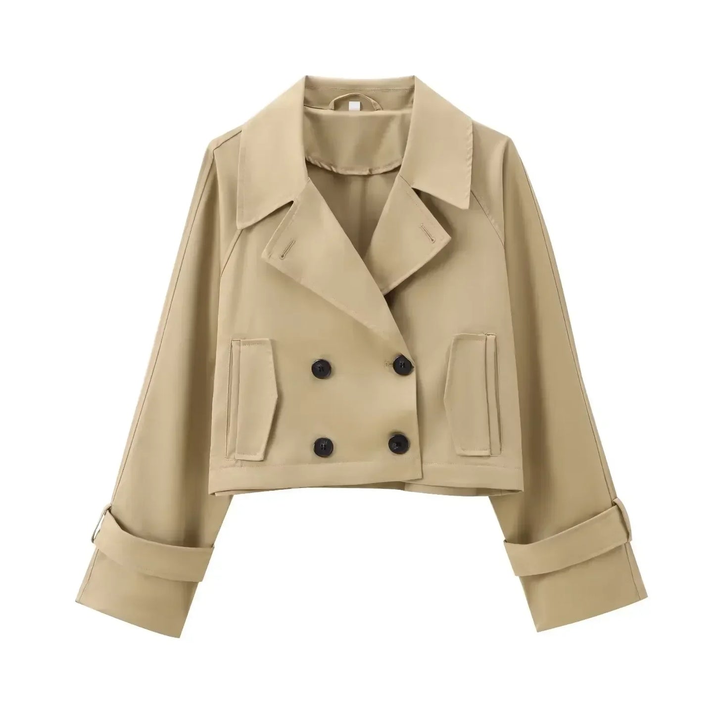 Women's new fashion short windbreaker style casual double breasted jacket coat retro long sleeved pocket women's coat chic top