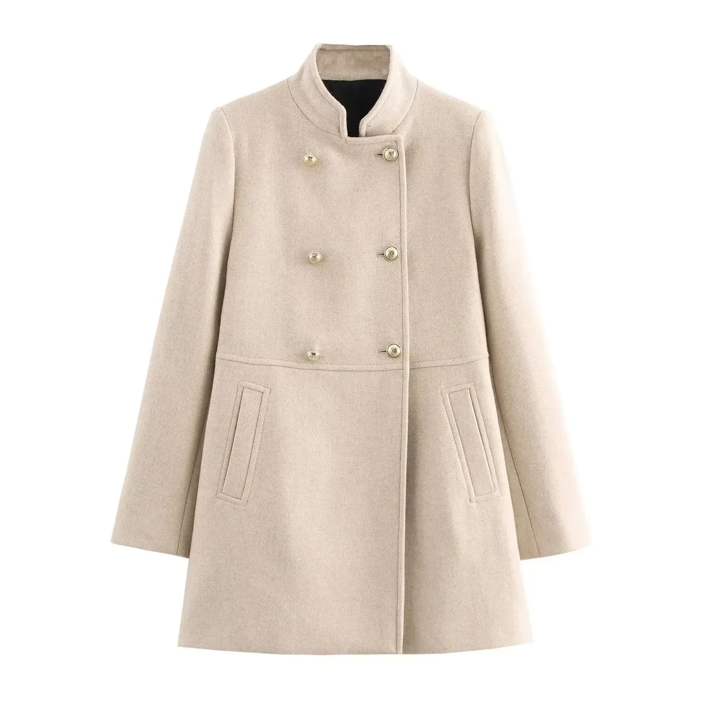 Women's new fashion gold double breasted decoration slim stand Neck woolen coat retro long sleeved pocket women's coat Chic top
