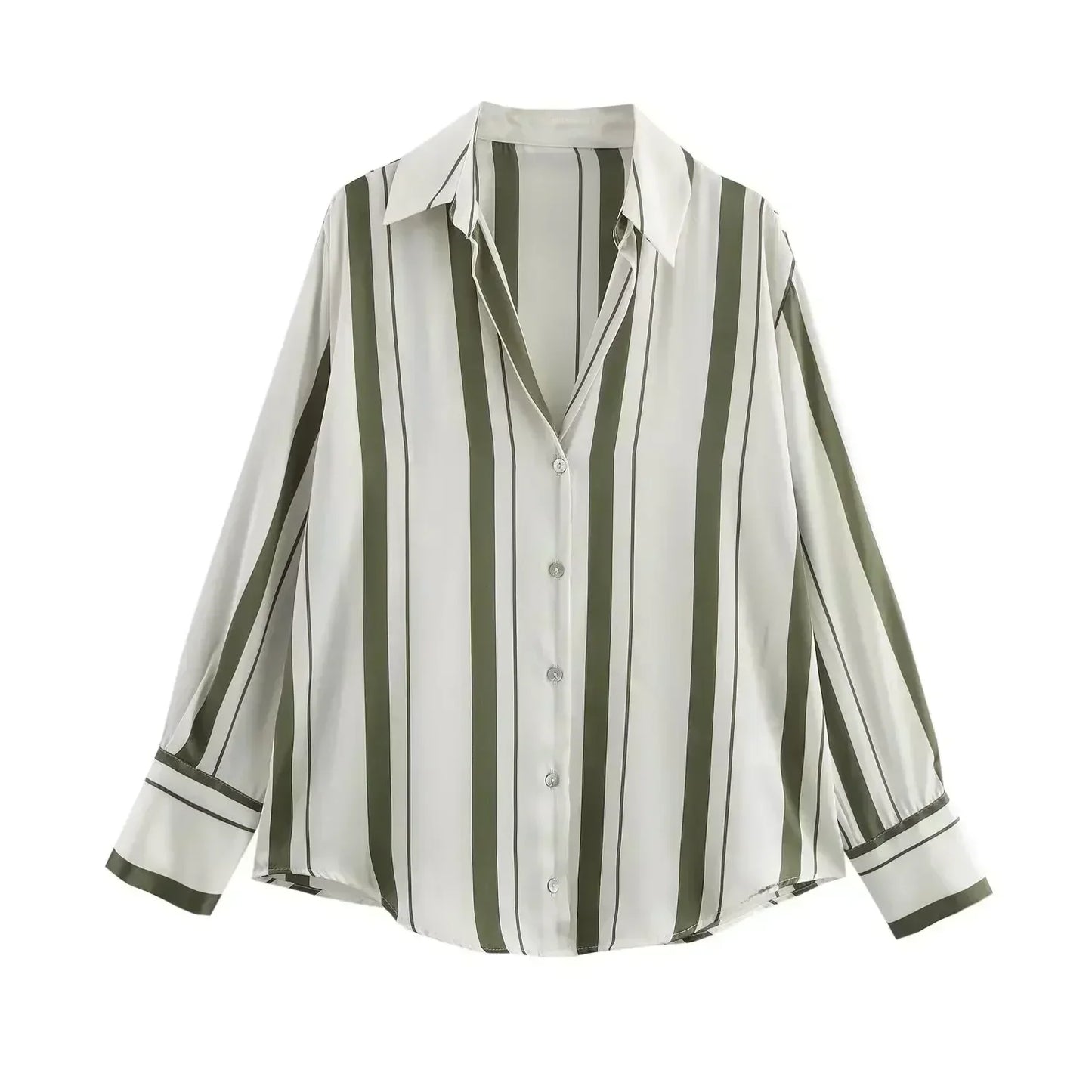 Women's new fashion loose printed striped shirt casual single breasted satin shirt retro long sleeved women's shirt chic top