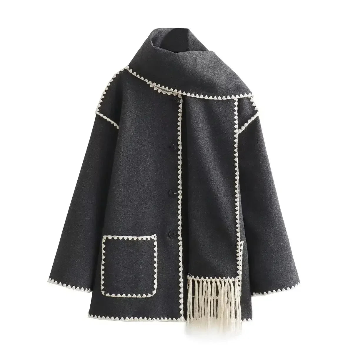 Women's new fashion scarf decoration loose single breasted patchwork woolen coat retro long sleeved pocket women's coat Chic top
