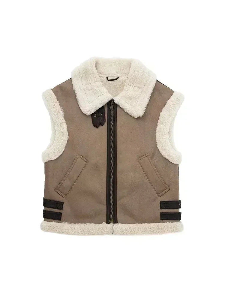 Women 2024 autumn New Fashion Fleece stitching vest Vintage Sleeveless Pockets Female Waistcoat Chic Tops