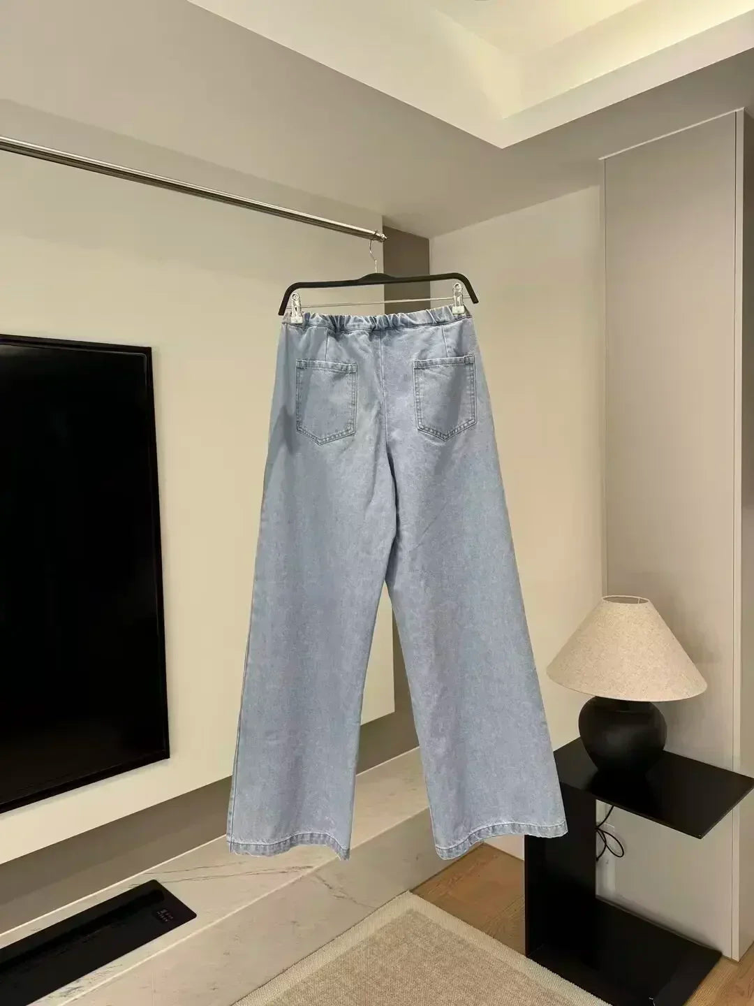 Women's 2024 New Fashion Side Pocket Decoration Loose Jogging Wide Leg Jeans Retro Elastic Waist Drawstring denim pants
