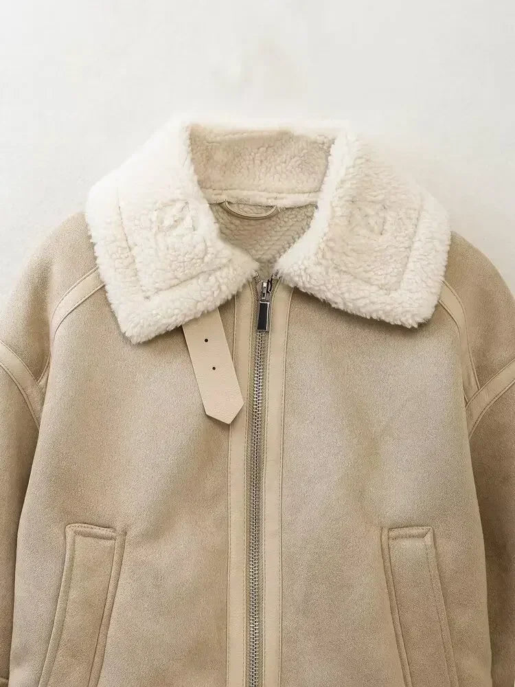 Women's new Fashion belt decoration casual double-sided Fur Faux Leather jacket retro long sleeved zipper women's Coat chic top