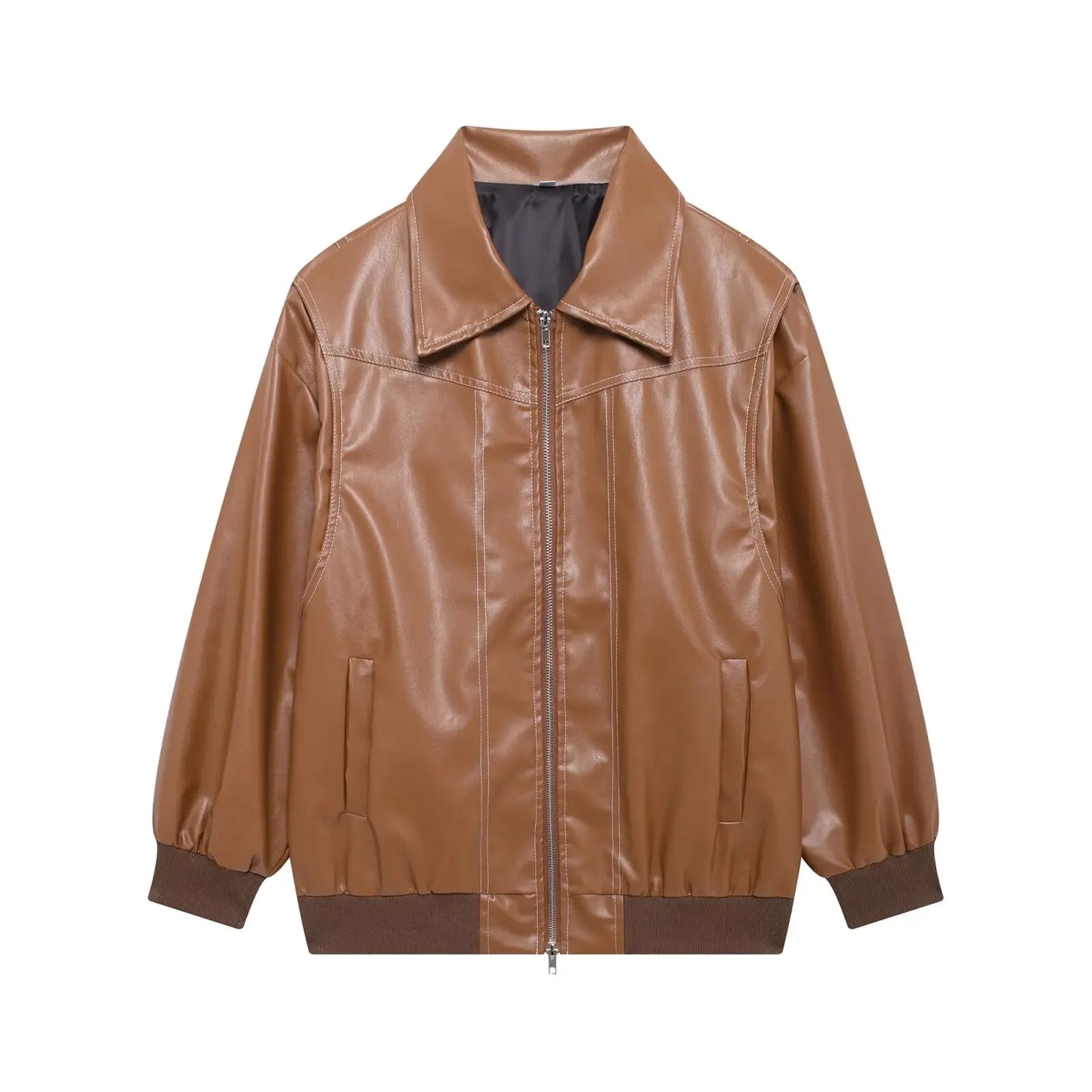 Women's new Fashion loose side pocket casual imitation leather jacket coat retro lapel long sleeved women's coat chic top