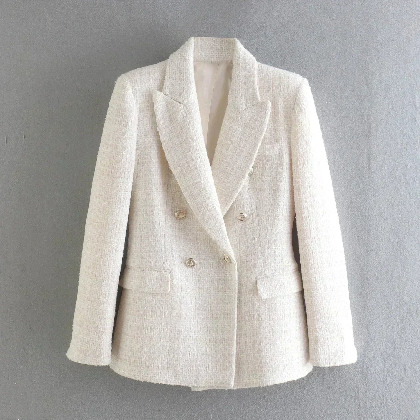 Women 2022 New Fashion Double Breasted Tweed Blazer Coat Vintage Long Sleeve Pockets Female Outerwear Chic