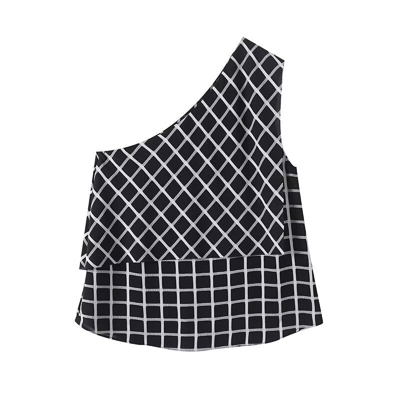 Women's new fashion plaid sloping shoulder sleeveless top