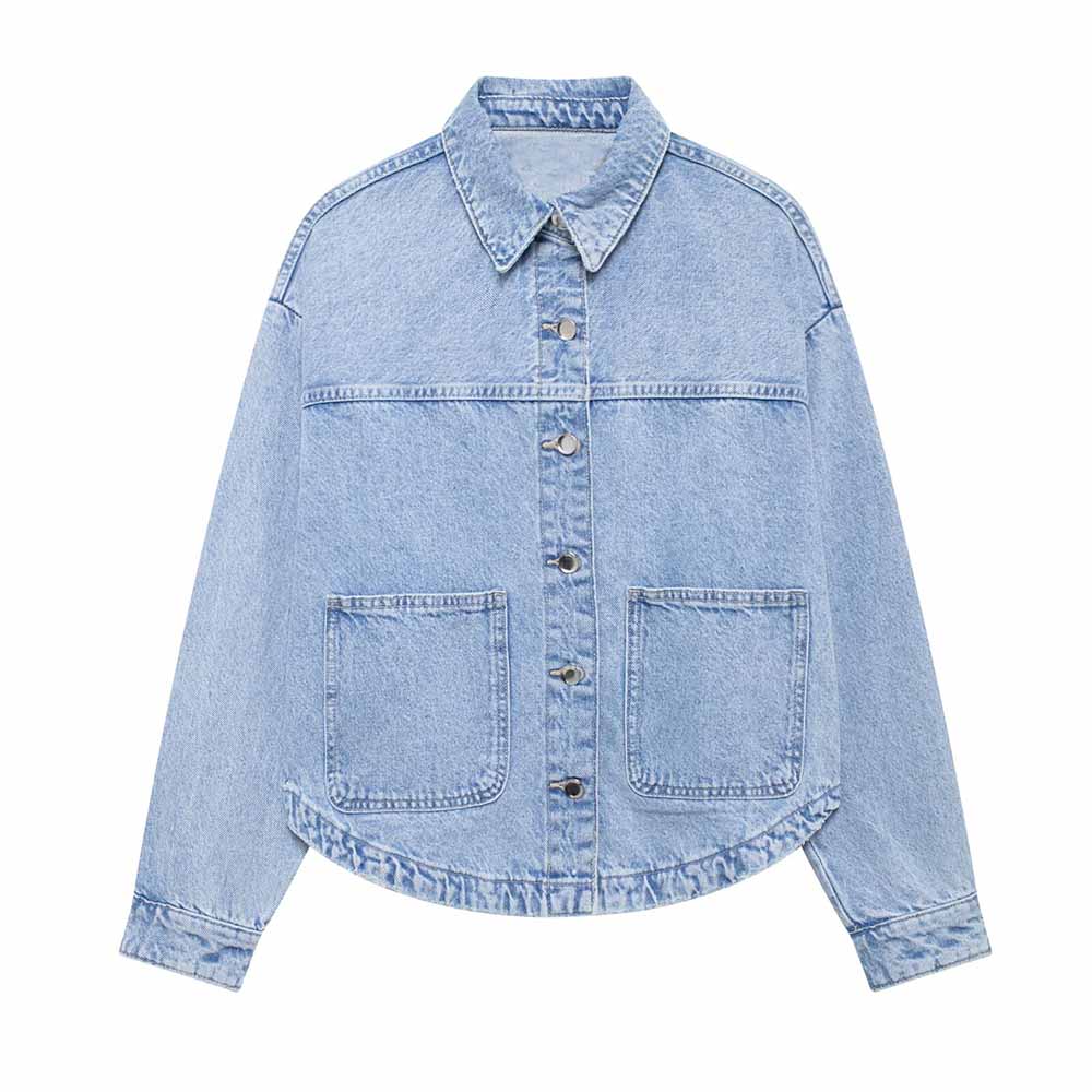 Women's new fashion patch pocket decoration casual lapel denim jacket coat retro long sleeved button up women's coat chic top
