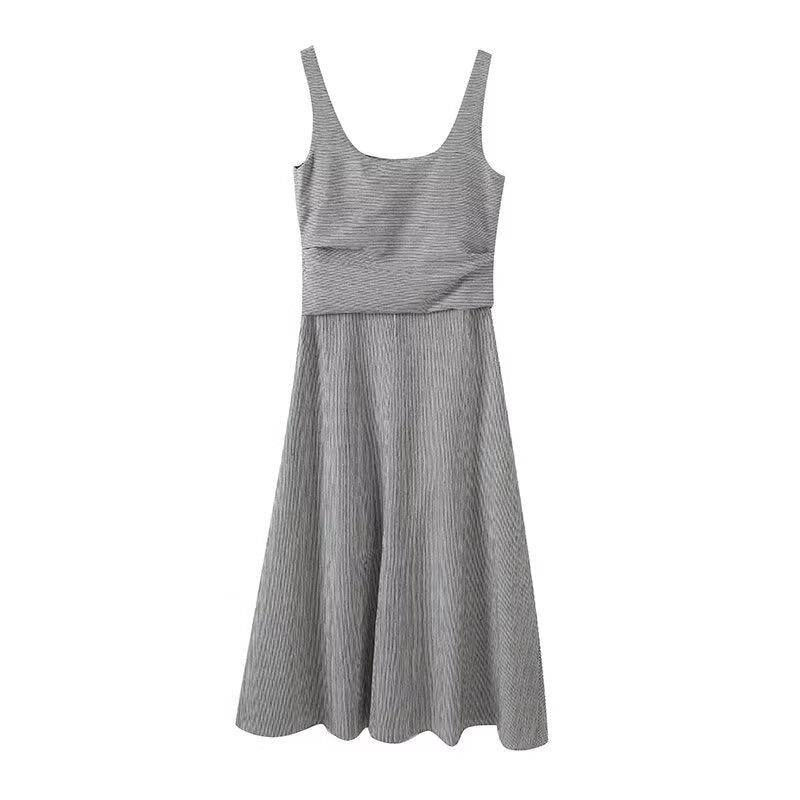 Women's New Fashion Sleeveless pinstripe Square Neck Midi Dress