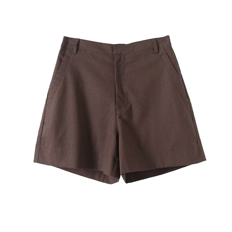 Women's chic fashion pleated design mid waist linen blend shorts