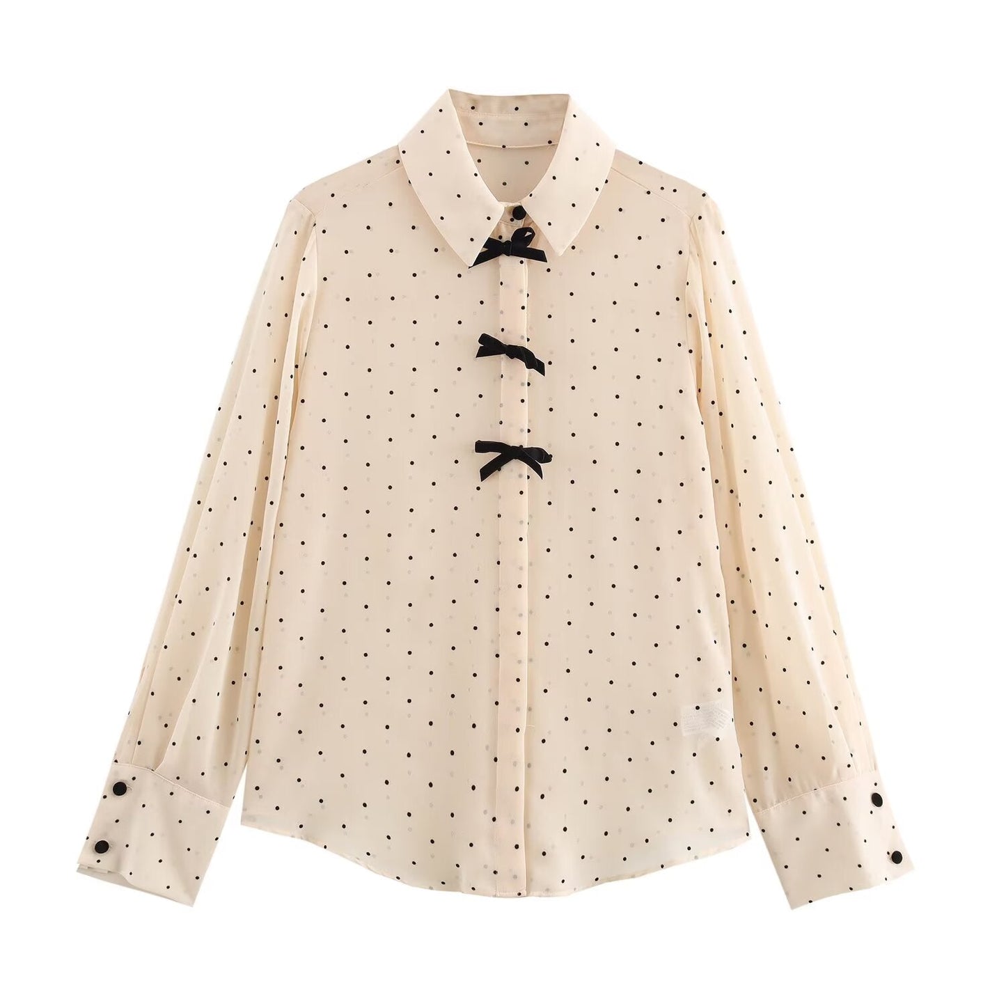 Women's 2025 new fashion bow decoration casual versatile polka dot printed shirt retro long sleeved button up women's shirt chic top