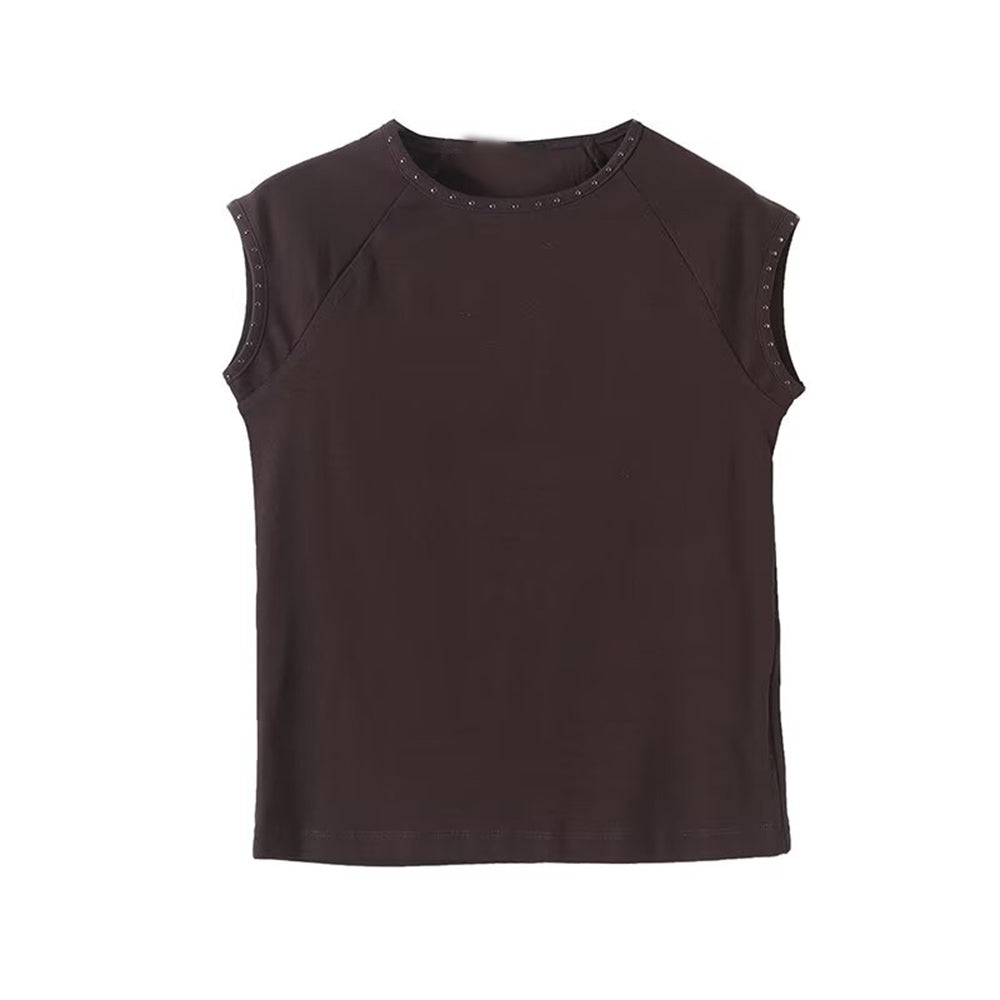 Women's new fashion rivet decoration slim O-Neck T-shirt top