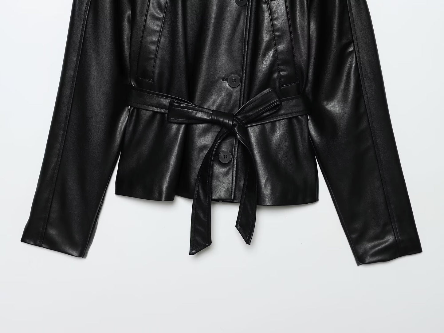 Women's new fashion with Belt black short Faux Leather windbreaker Coat