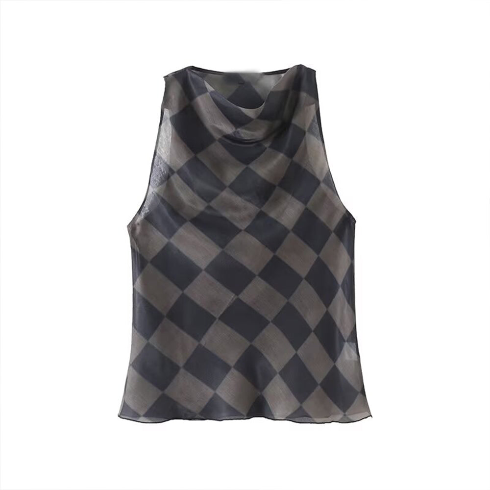 Women's 2025 new fashion sleeveless plaid hanging neck top+Skirts suit