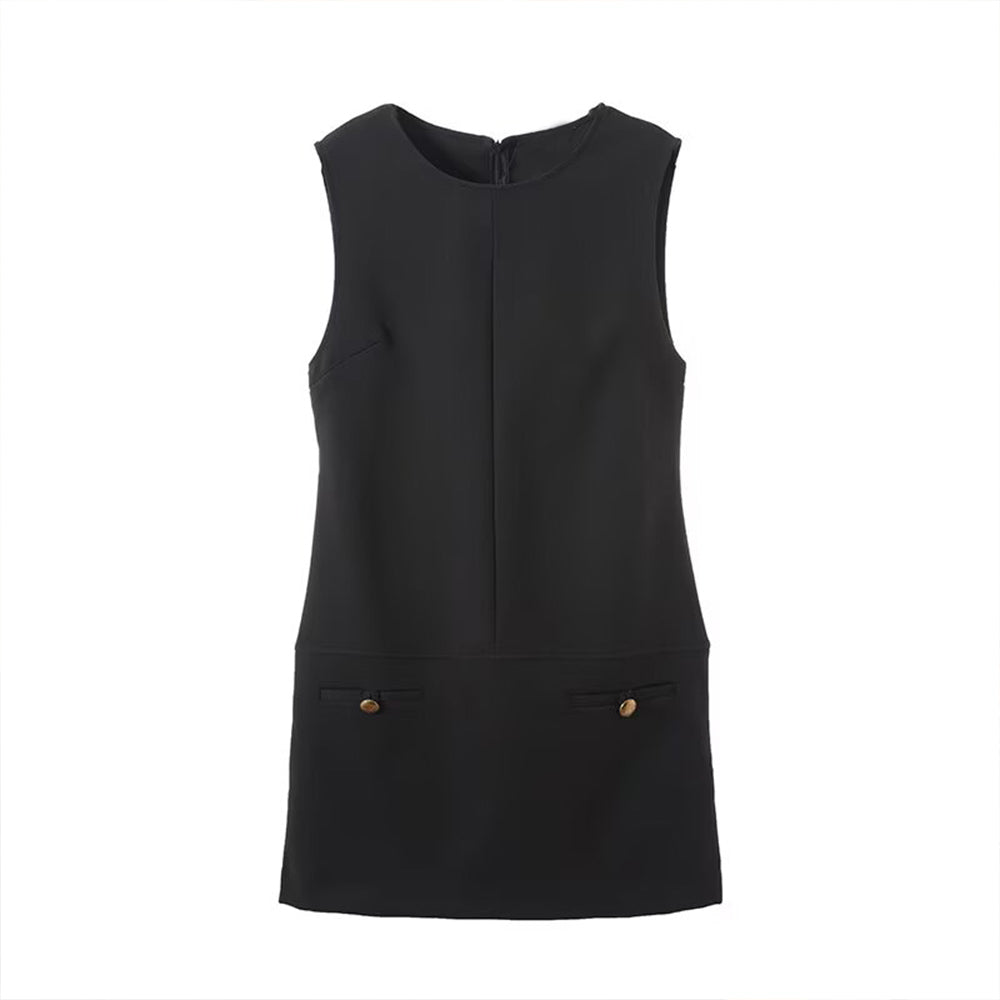 Women's New Fashion Black Sleeveless Waist cinching Mini Dress