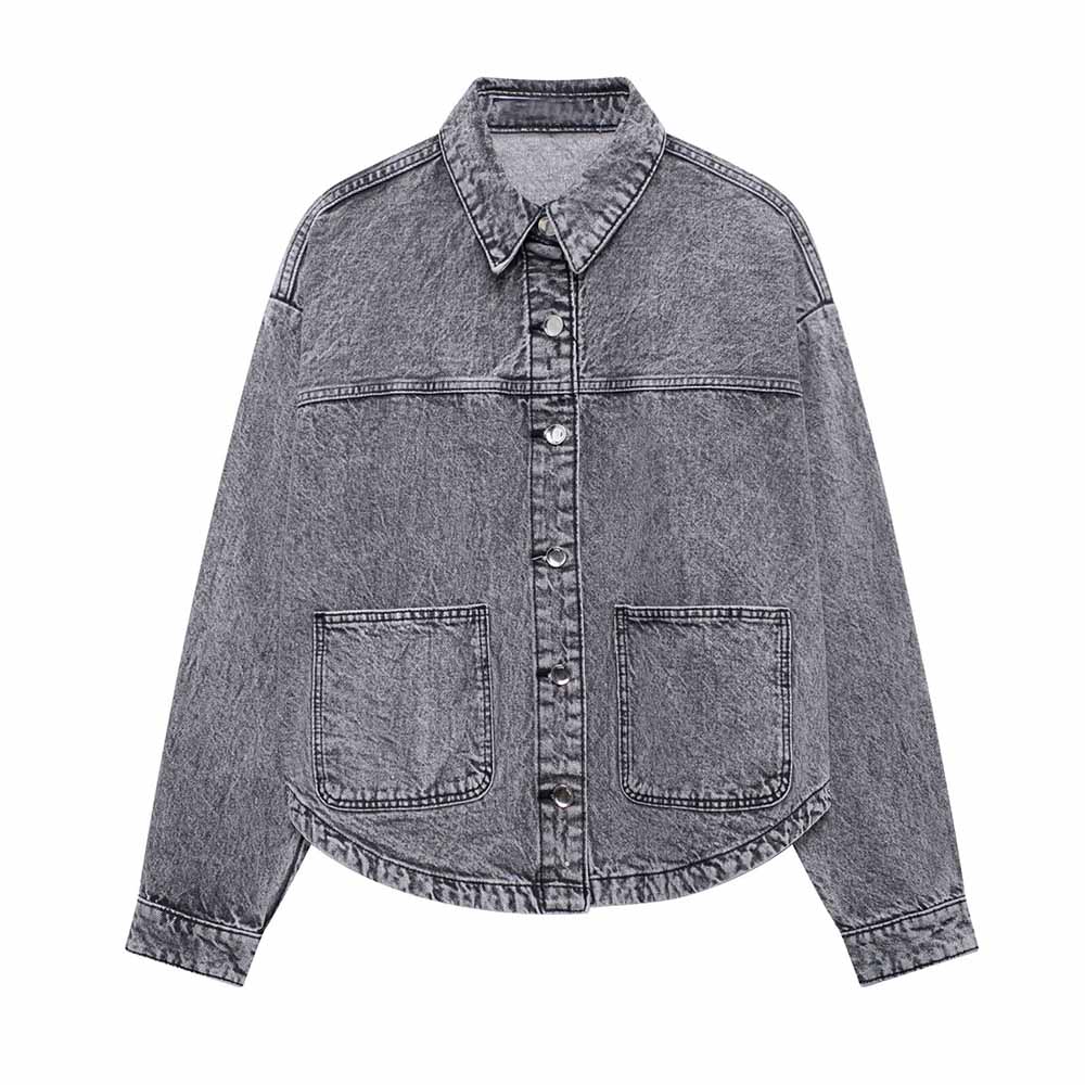Women's new fashion patch pocket decoration casual lapel denim jacket coat retro long sleeved button up women's coat chic top