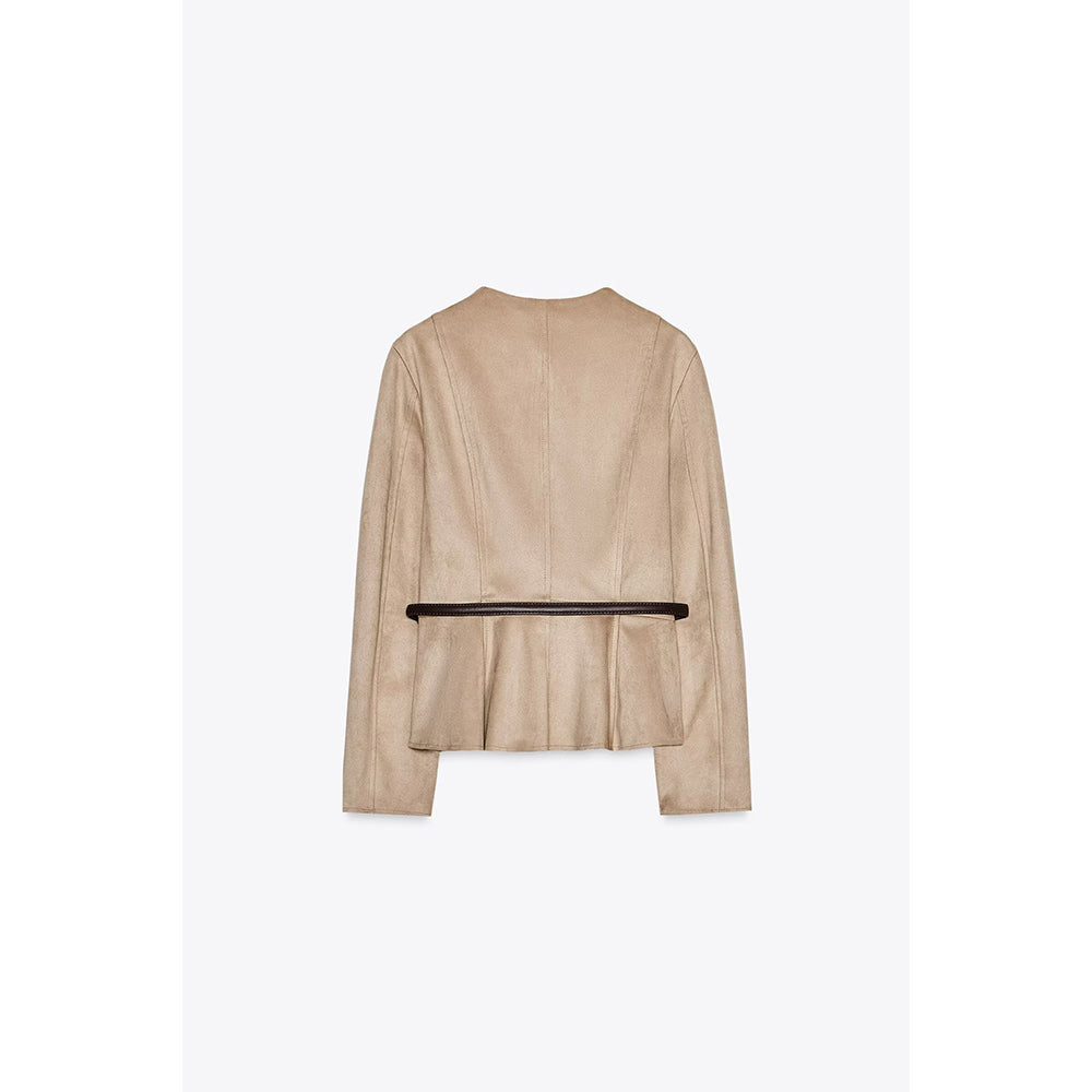 Women's new fashion with Belt suede effect short skirt style hem jacket Coat