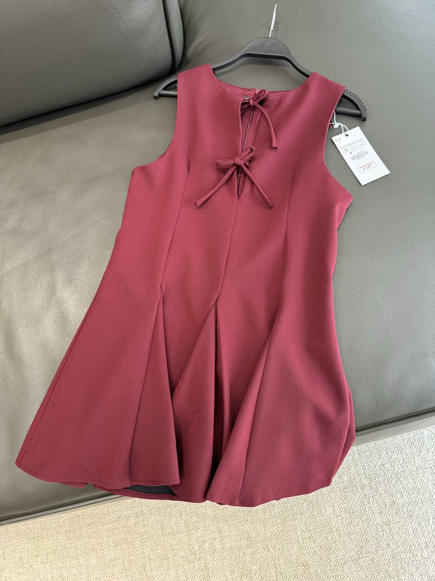 Women's new chic fashion bow tie decoration slim wave style wide swing mini dress retro sleeveless women's dress Mujer