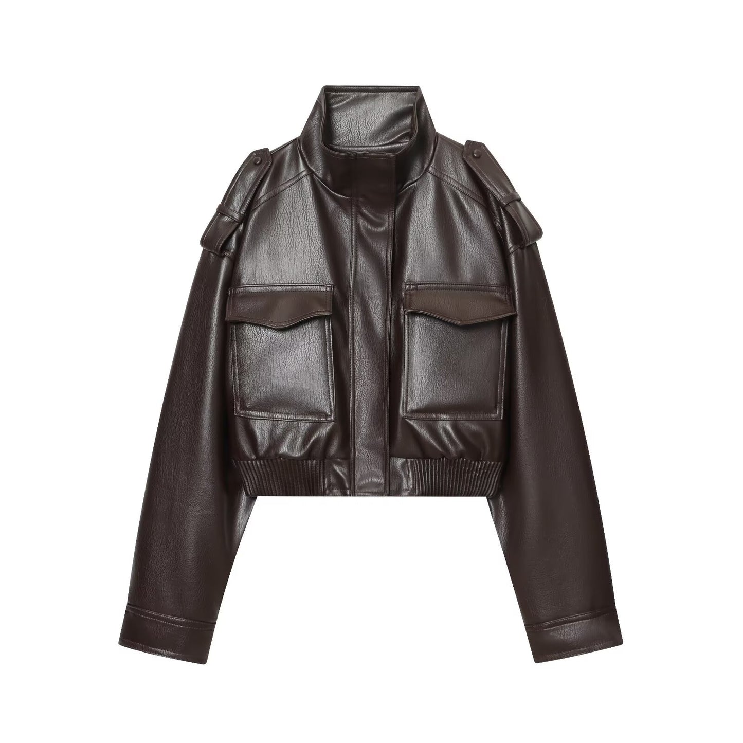 Women's new fashion faux leather effect short stand collar jacket Coat