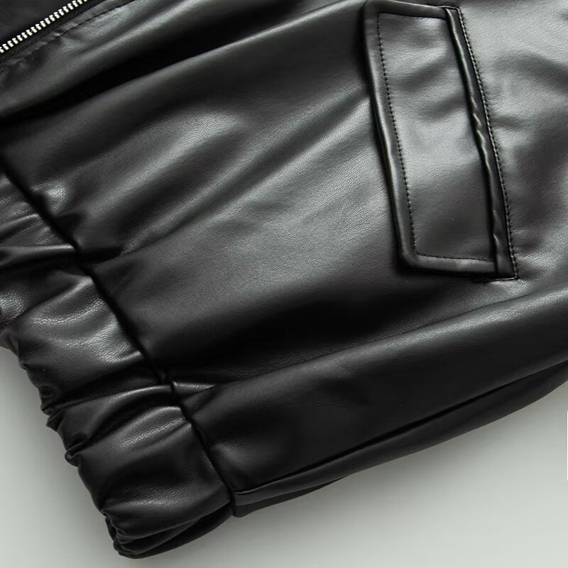 Women's patchwork hooded PU leather jacket Coat