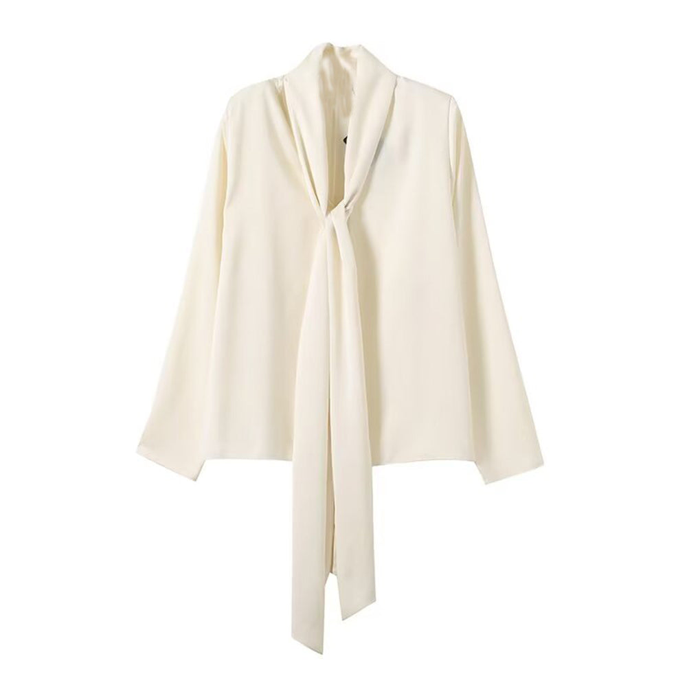 Women's new fashion ribbon decoration long sleeved V-neck draped shirt
