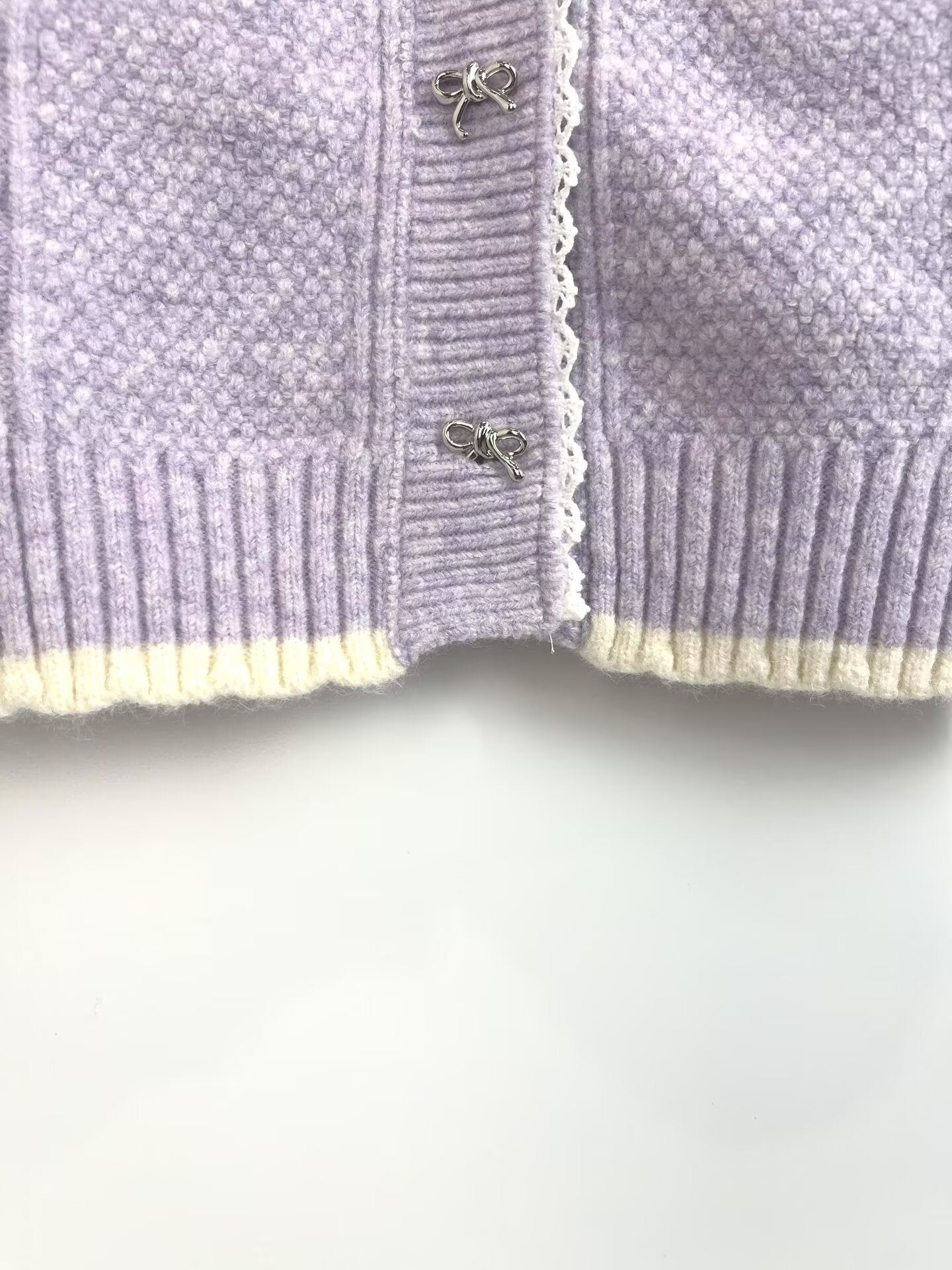 Women's new fashion patchwork lace Bow tie buckle knitted cardigan