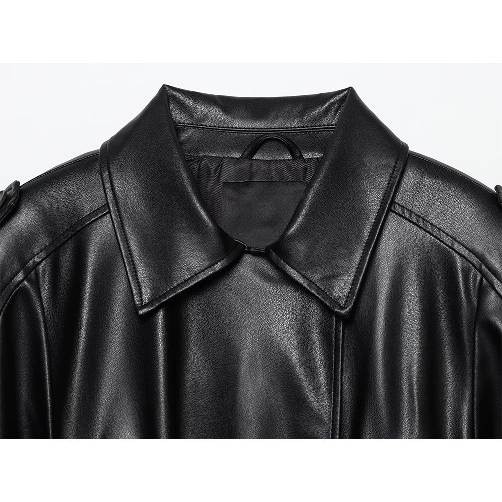 Women's new fashion with Belt black short Faux Leather windbreaker Coat