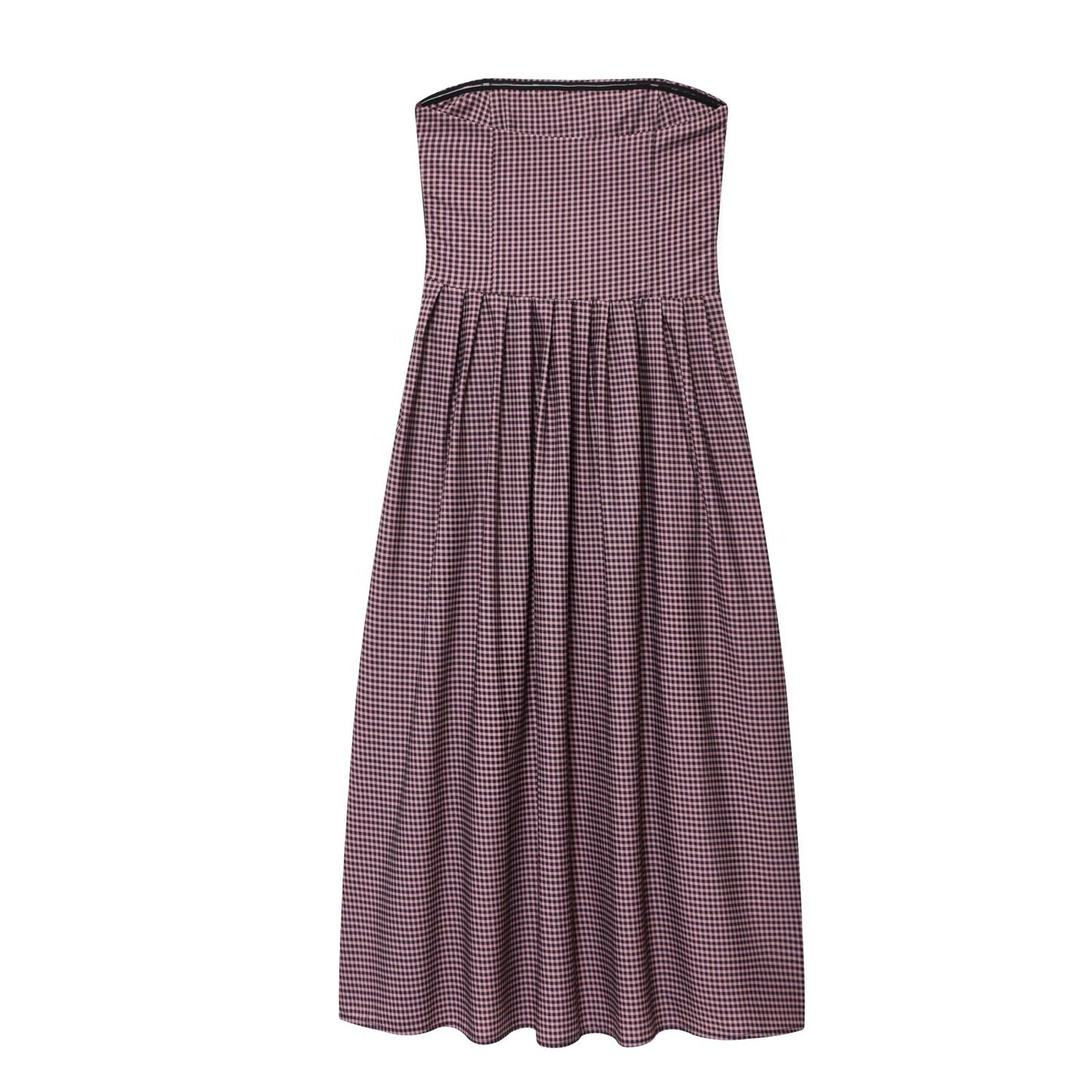 Women's new fashion pleated decorative plaid strapless MIDI dress