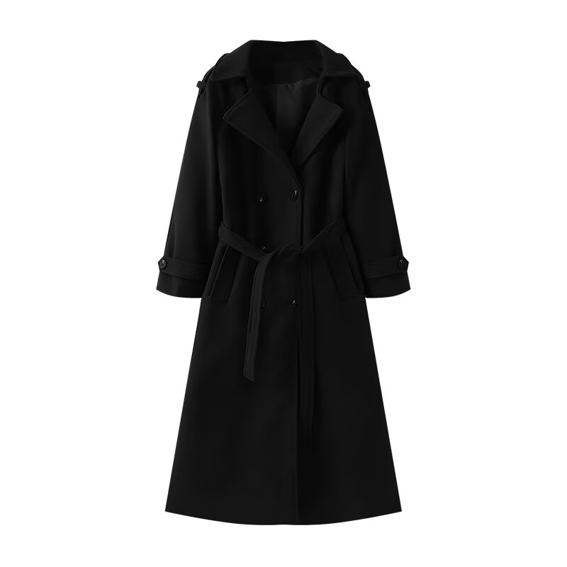 Women's Autumn and Winter New Fashion Joker Belt Accessories Double-breasted Long Coat Retro Long Sleeve Coat Chic Women's Coat.