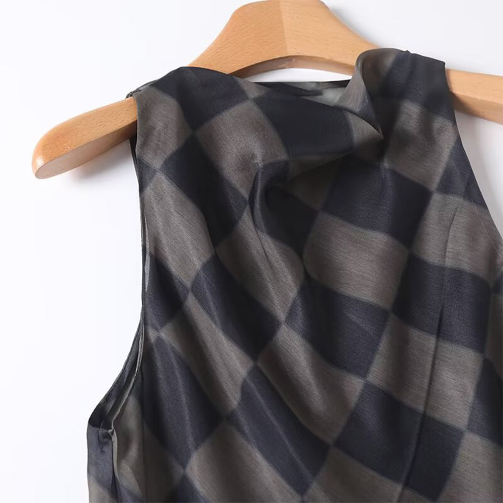 Women's 2025 new fashion sleeveless plaid hanging neck top+Skirts suit