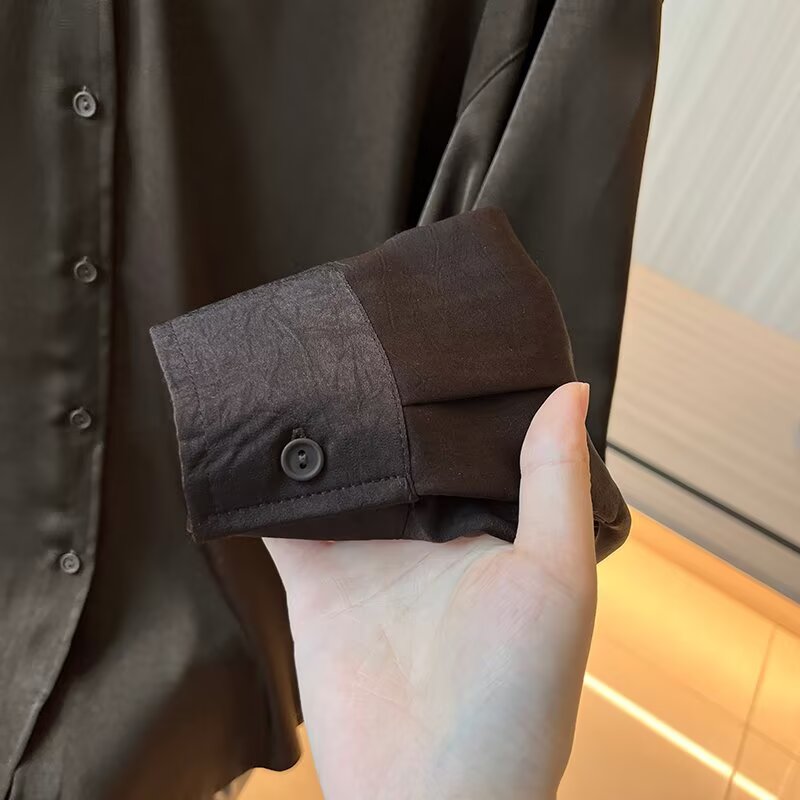 Women's New Fashion Long Sleeve draped Pleated Lapel Shirt