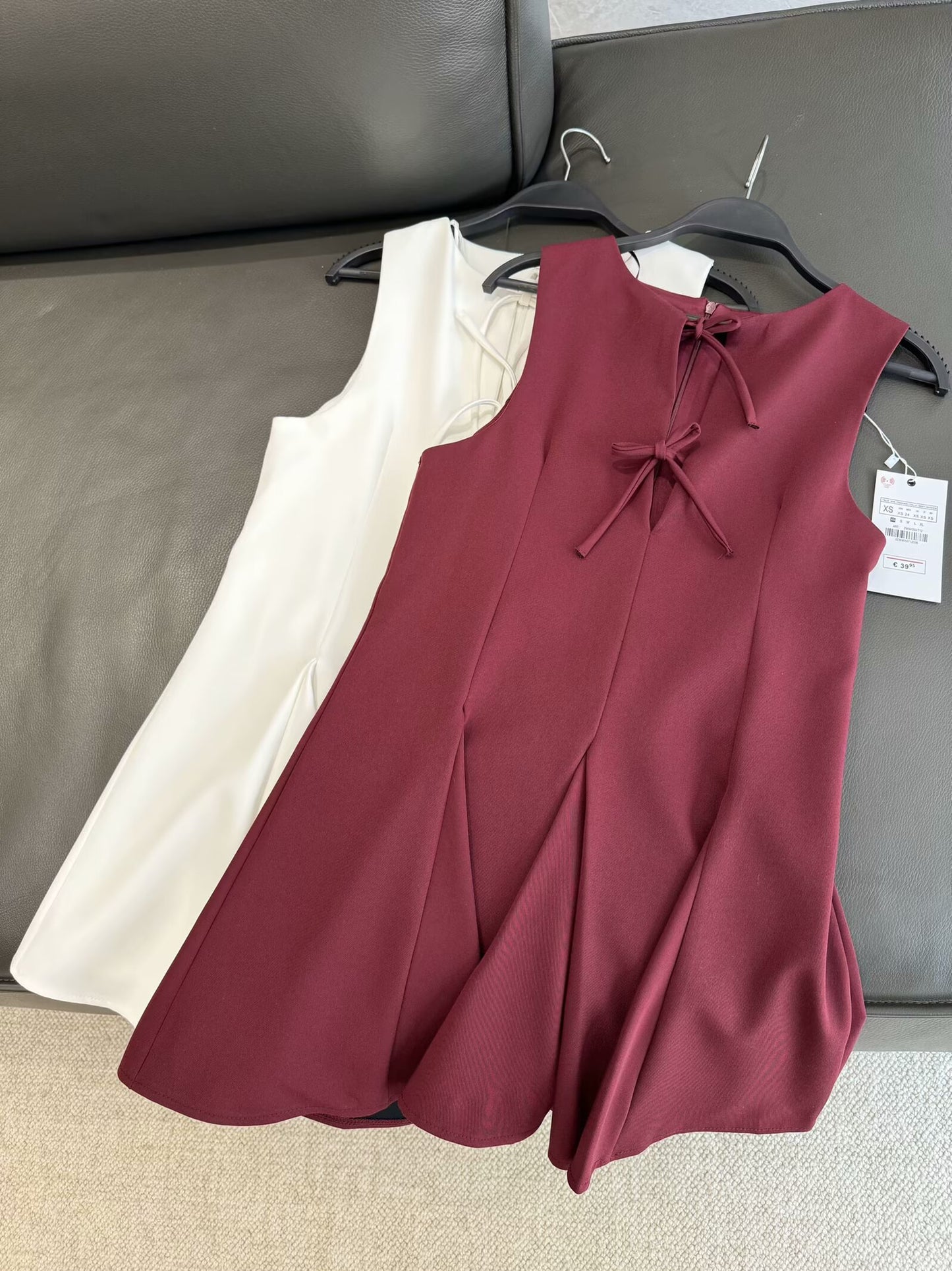Women's new chic fashion bow tie decoration slim wave style wide swing mini dress retro sleeveless women's dress Mujer