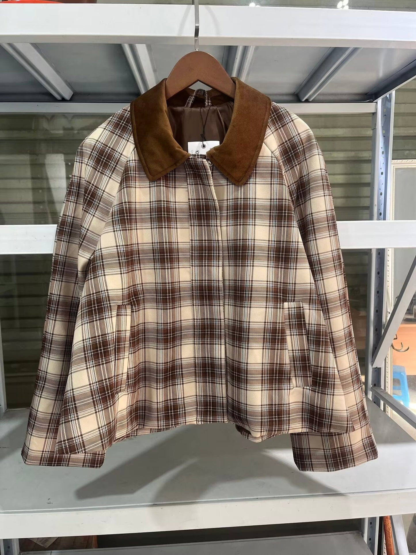 Women's New Fashion Casual Joker Plaid Cloak Jacket Retro Zipper Long Sleeve Chic Coat.
