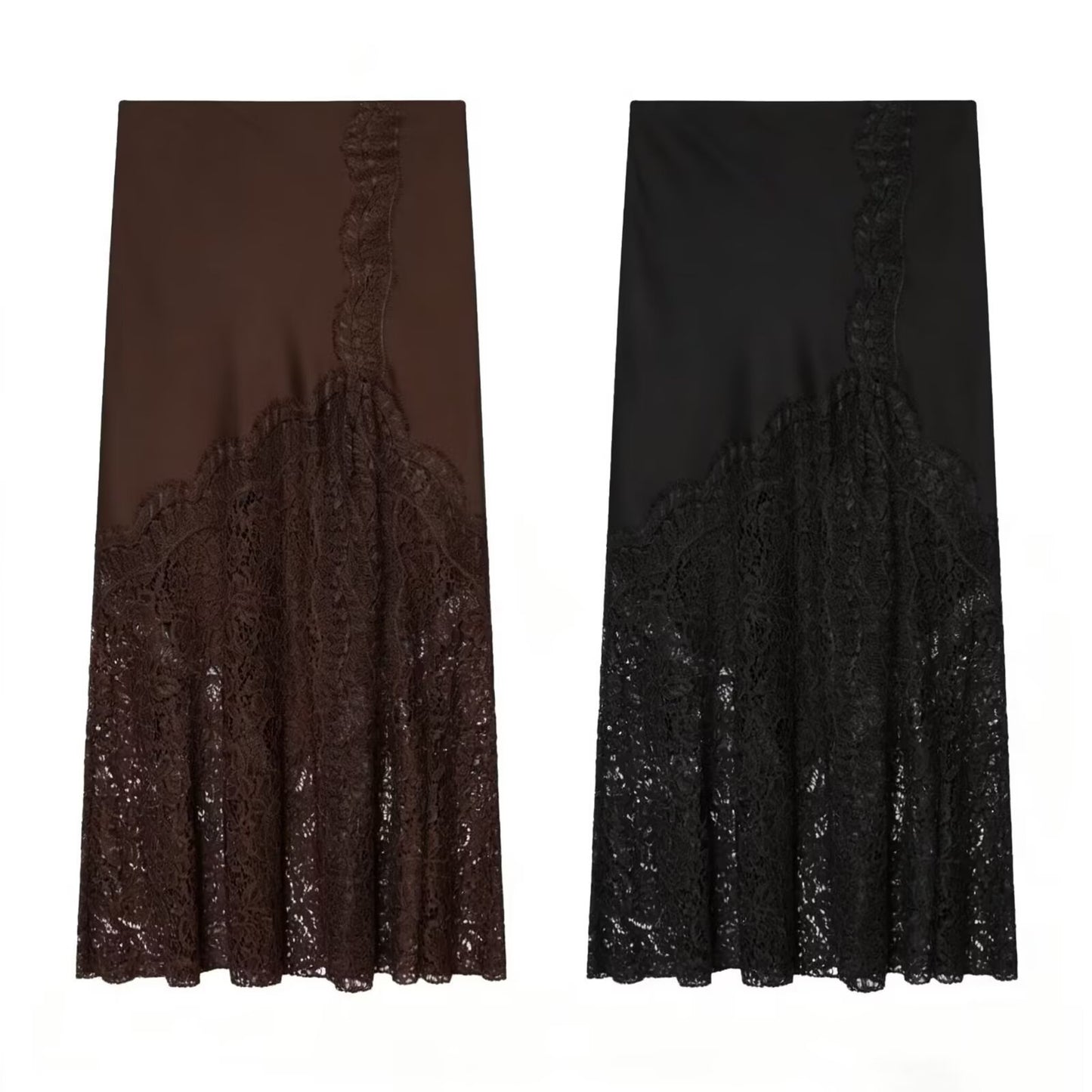 Women's lace hem satin texture MIDI skirt