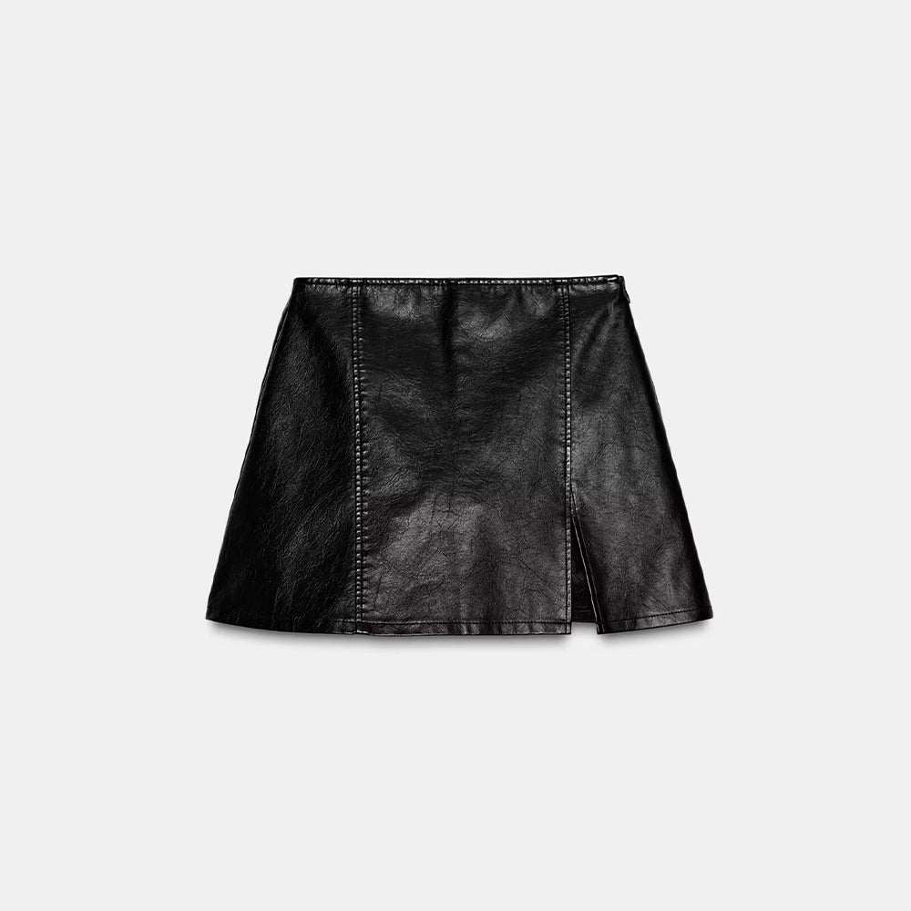 Women's new fashion black Lapel Faux Leather jacket Coat + Shorts Skirts