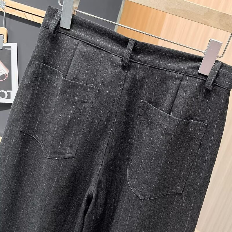 Women's casual mid waist Fine striped wide leg pants