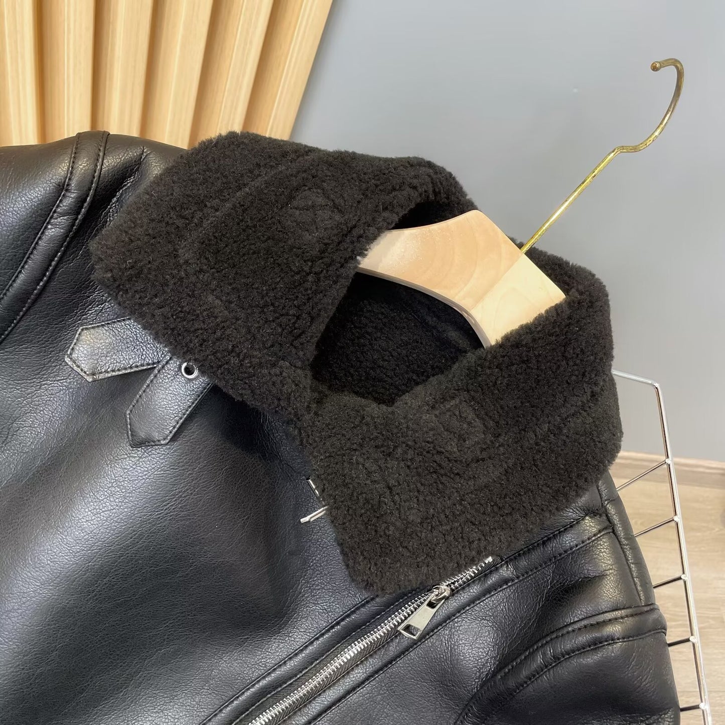 Women's black double-sided Fur Faux Leather jacket Coat