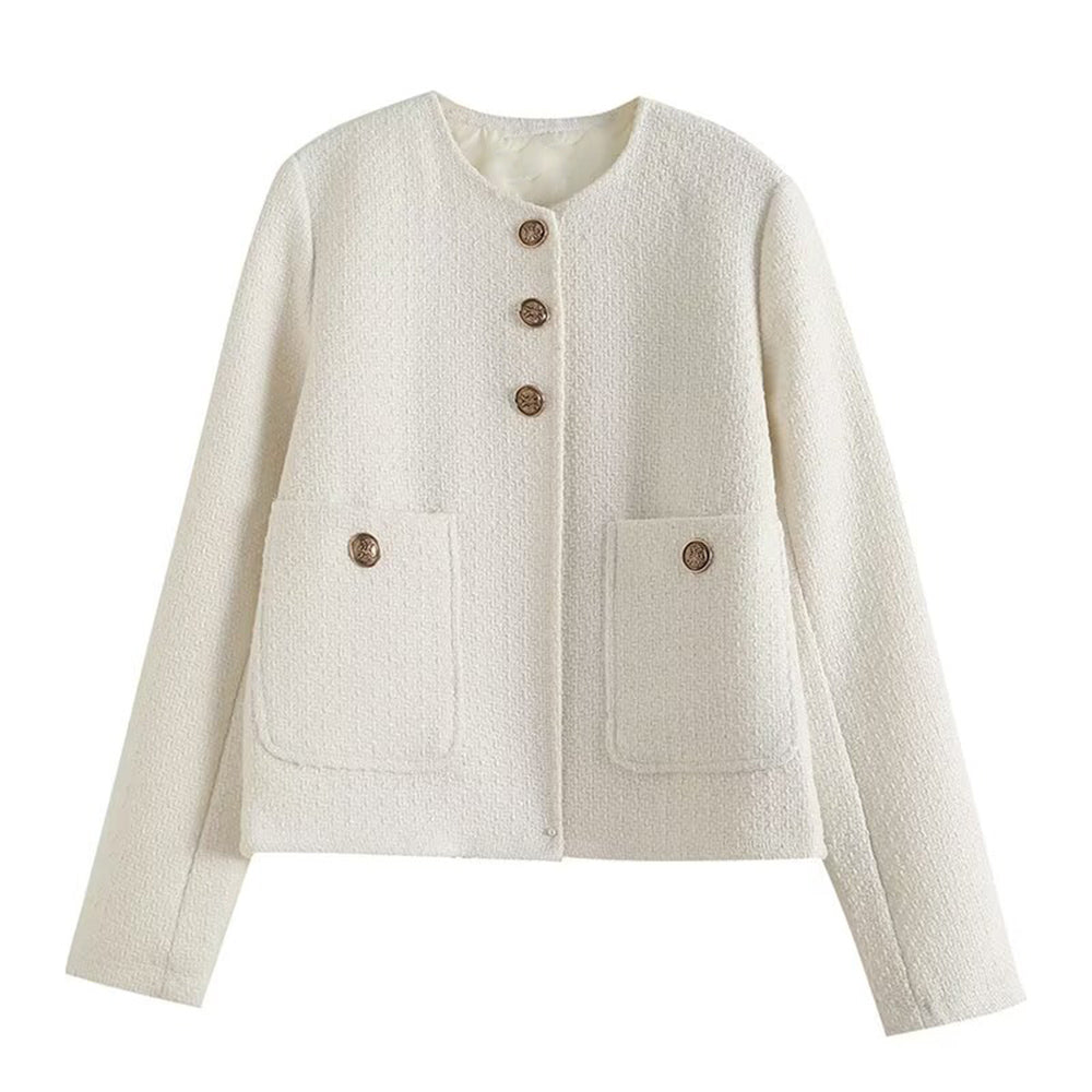 Women's gold button decoration O Neck textured Coat