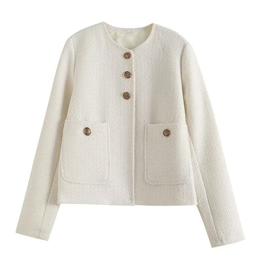 Women's gold button decoration O Neck textured Coat