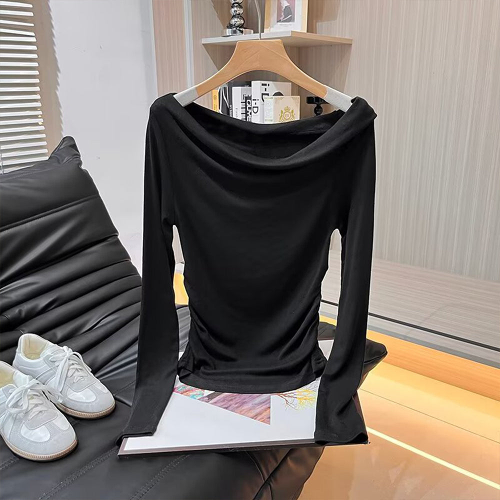 Women's new fashion slanted collar off shoulder knitted T-shirt