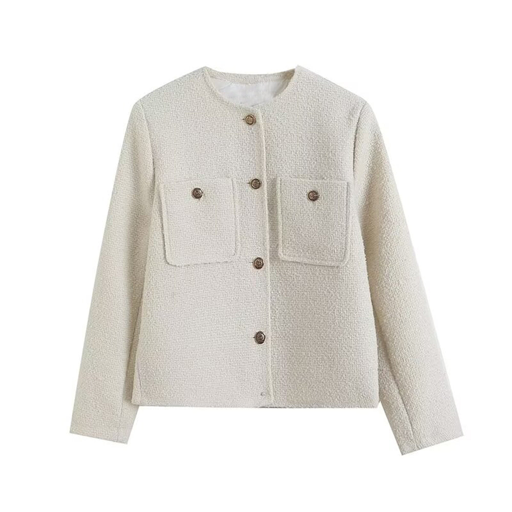 Women's gold button decoration casual O Neck Coat