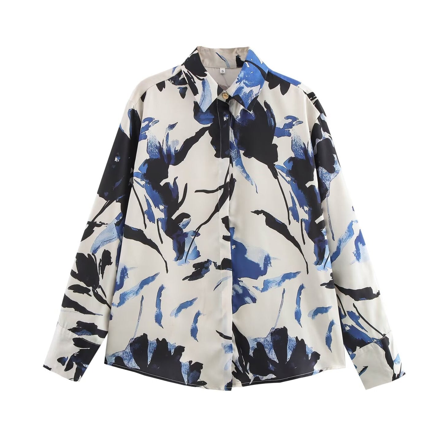 Women's 2025 new fashion casual satin texture printed shirt loose single breasted long sleeved shirt retro women's shirt chic top