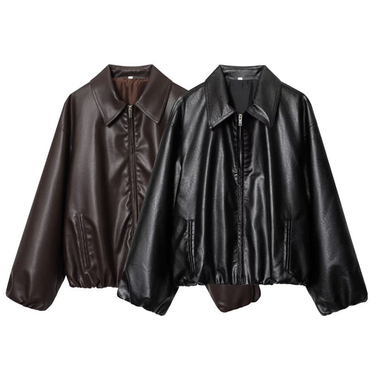 Women's new fashion loose zipper faux leather flight jacket Coat