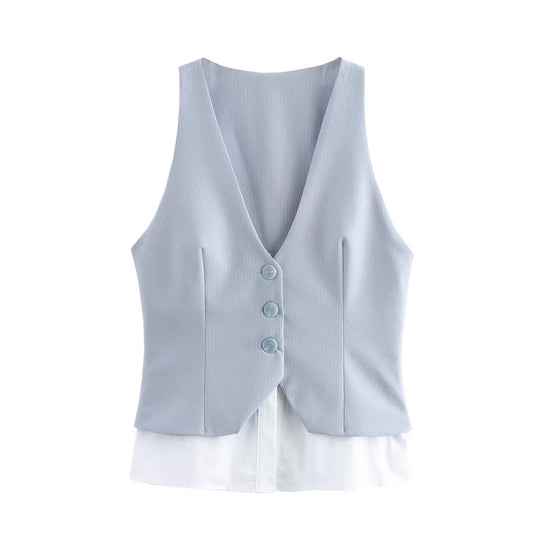 Women's 2025 new fashion slim fit short style spliced striped vest style top retro V Neck sleeveless women's vest chic top