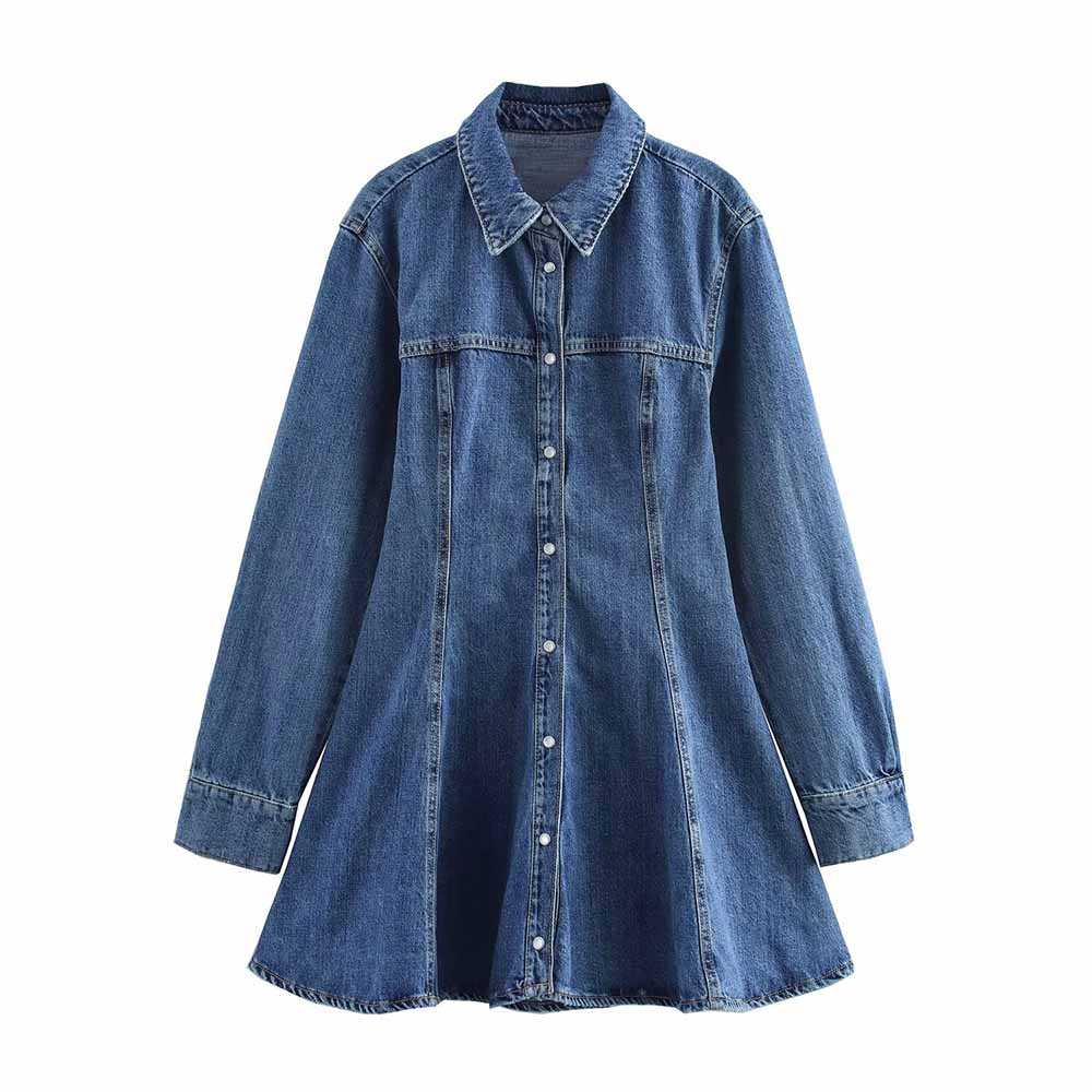 Women's new chic Fashion casual slim fit single breasted wide swing denim mini dress retro long sleeved women's dress Mujer