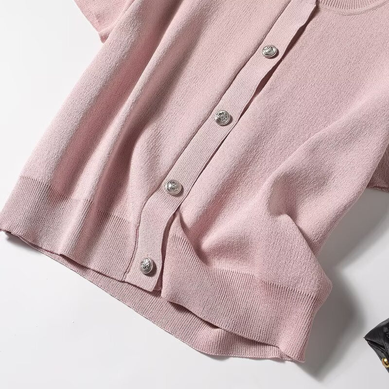 Women's new fashion short sleeved single breasted O-Neck knitted cardigan