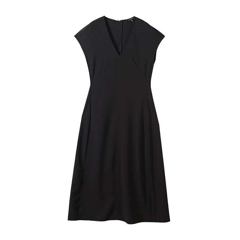 Women's 2025 new fashion black slim V-neck MIDI dress