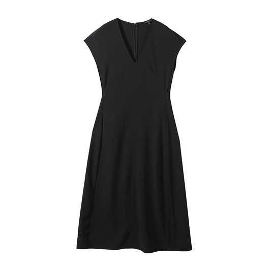 Women's 2025 new fashion black slim V-neck MIDI dress