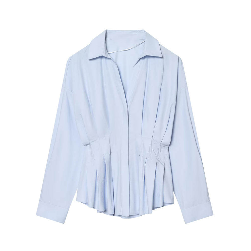 Women's pleated decorative casual poplin shirt