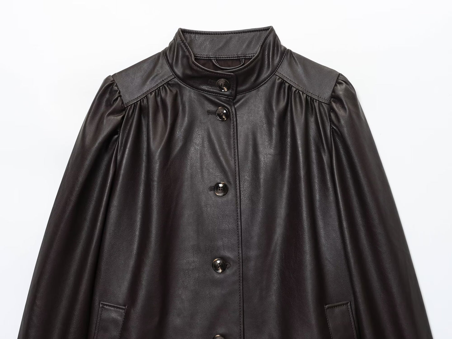 Women's pleated design stand collar faux leather jacket Coat