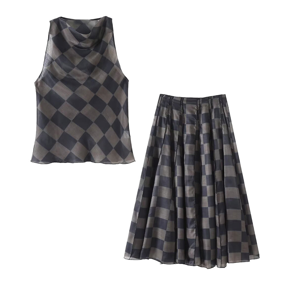 Women's 2025 new fashion sleeveless plaid hanging neck top+Skirts suit